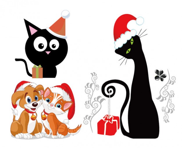 cute cats and dogs with christmas hat