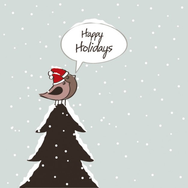 cartoon bird standing on the christmas tree for holiday congratulation