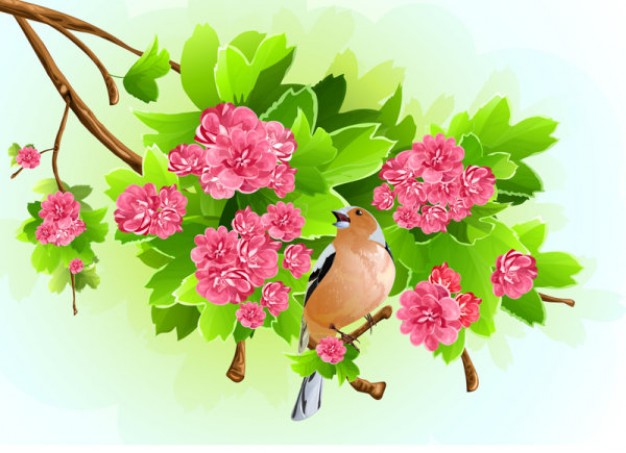 branch with flowers and bird over light green background