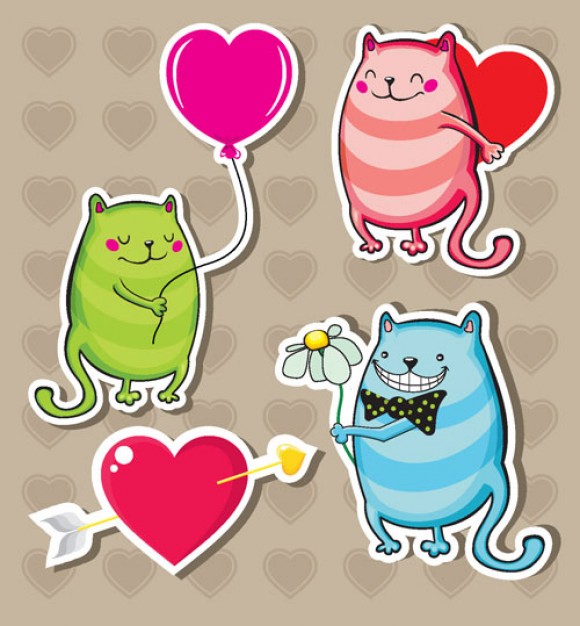 cat valentine stickers with heart and arrow