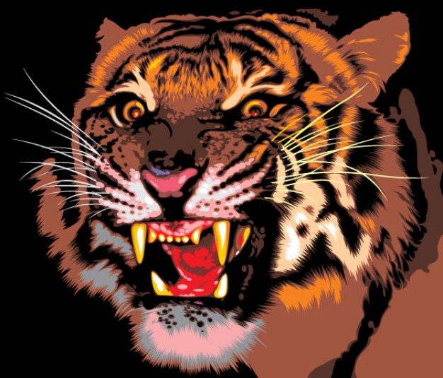 Roaring realistic tiger in front view