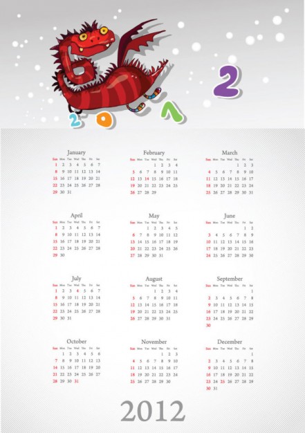 calendars 2012 with red cartoon dragon and snowflakes