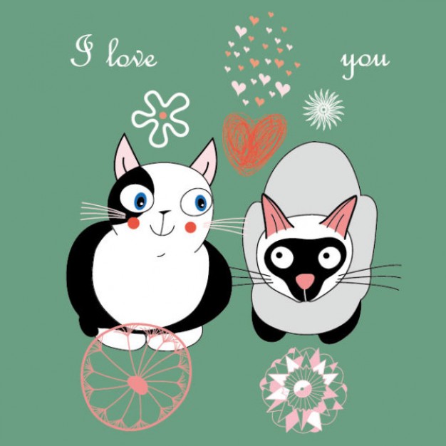 couple cartoon cats with heart and flowers over green background