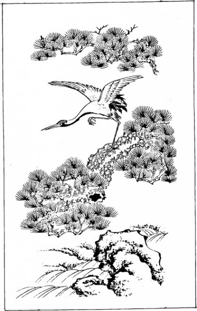 classic chinese painting with crane and pine tree
