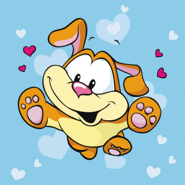 cute cartoon dog flying over sky with white and red hearts