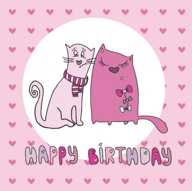 birthday card with couple cats within a white circle surrounded of hearts