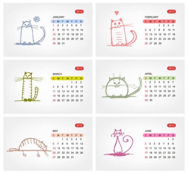 calendars 2012 with different color doodles cats