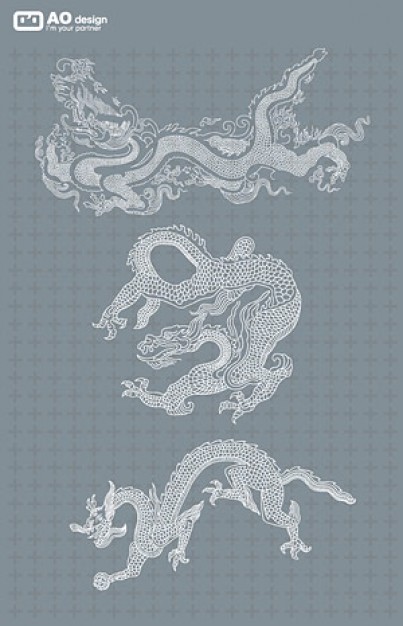 three chinese classical line drawing dragons pattern material