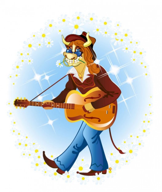cartoon cow player playing guitar over Starlight