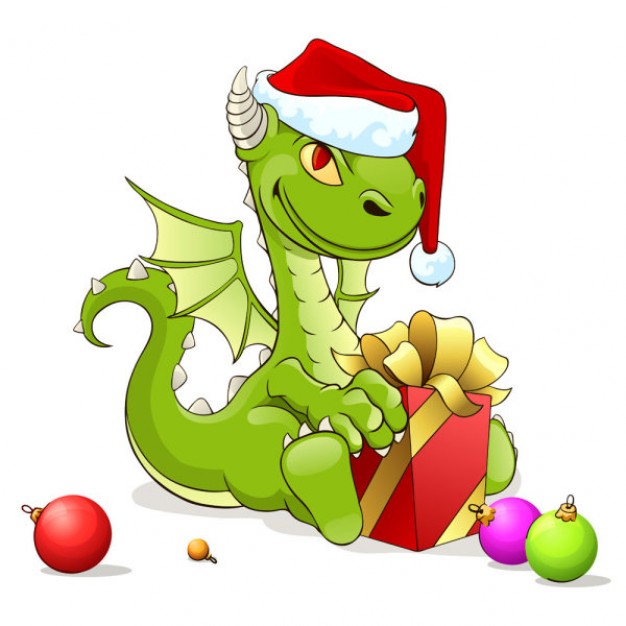 green dragon sitting with a gift box and christmas hat