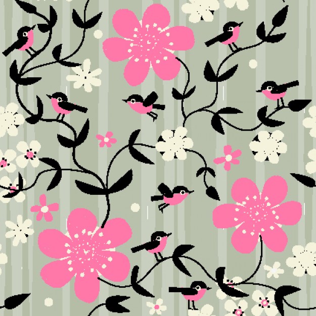 pink flowers and black stems with birds on them