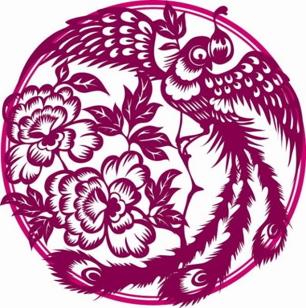 phoenix paper cutting over peony flower in pink