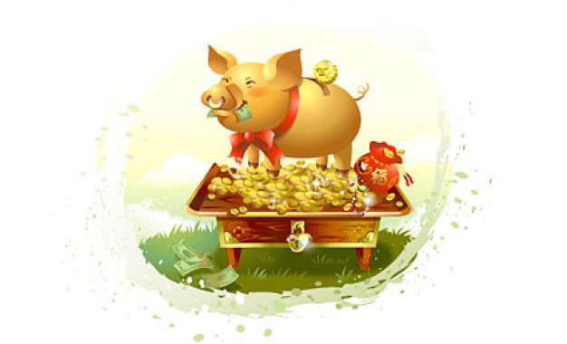 pig standing on a lot of golden coins with a dollar in his mouth