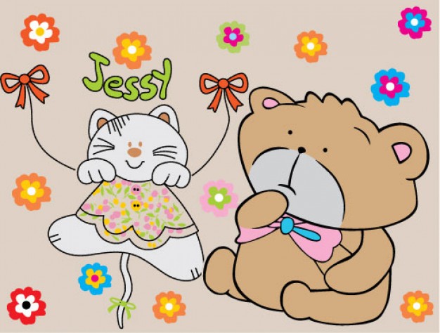Jessy cat and bear surrounded a flowers