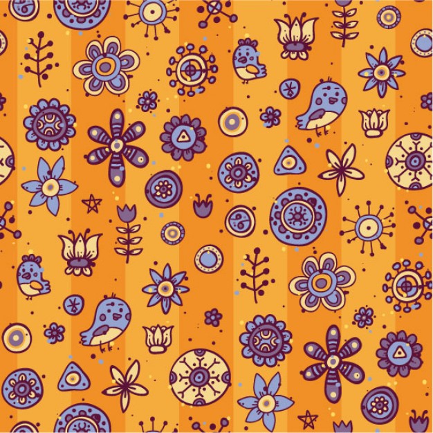 pattern with flowers and birds over orange stripes