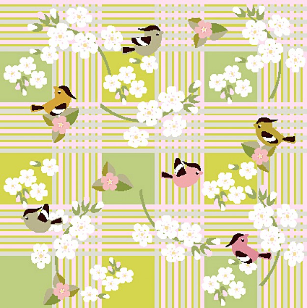 pattern with birds on flowers over a checkered
