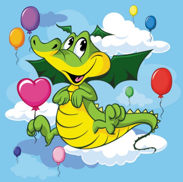 cartoon green happy dragon with wing on the cloud