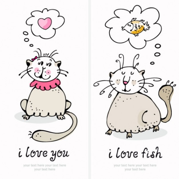couple of cats with thinking bubbles of fish and heart