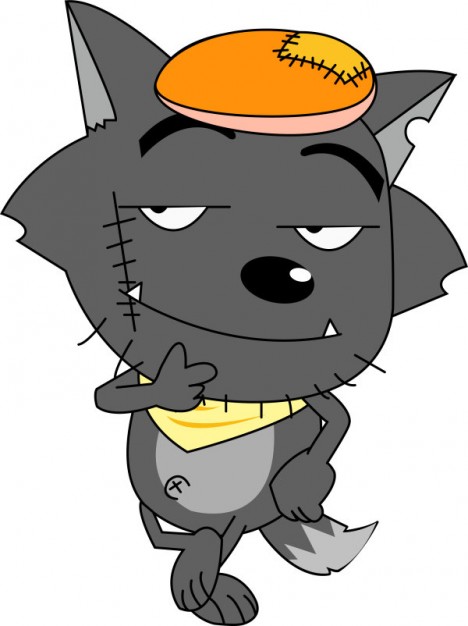 gray wolf cartoon with cake hat