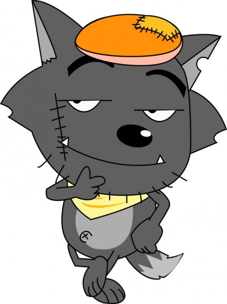 gray wolf cartoon with cake hat