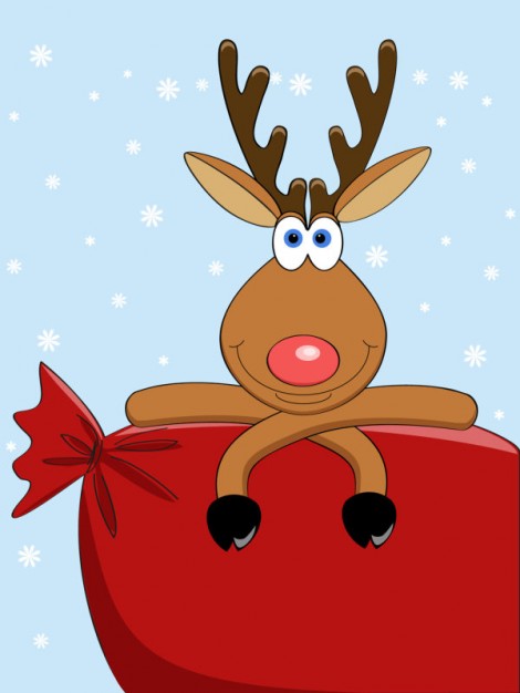 cute elk over red gift bag with snowed background