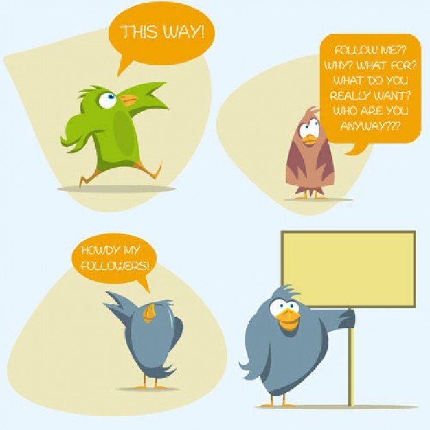 funny fat birds with speech bubbles and signs