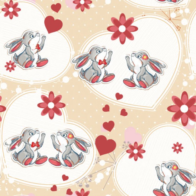pattern with bunnies within a hearts and flowers around