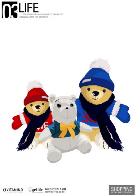 three teddy bear toys over snow white