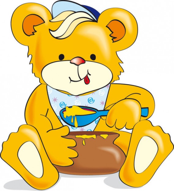 yellow bear with hat eating honey with a spoon
