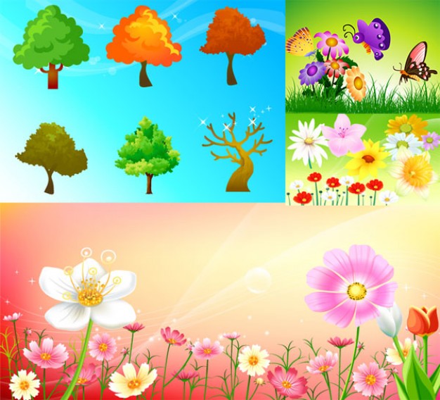 cartoon landscape with flowers and trees butterflies