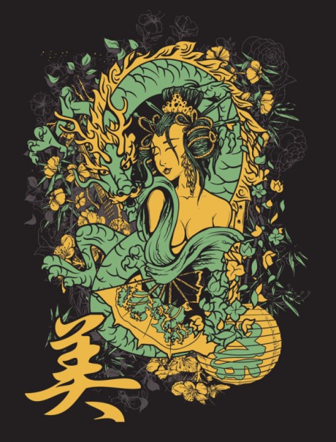 t-shirt design with dragon and beauty