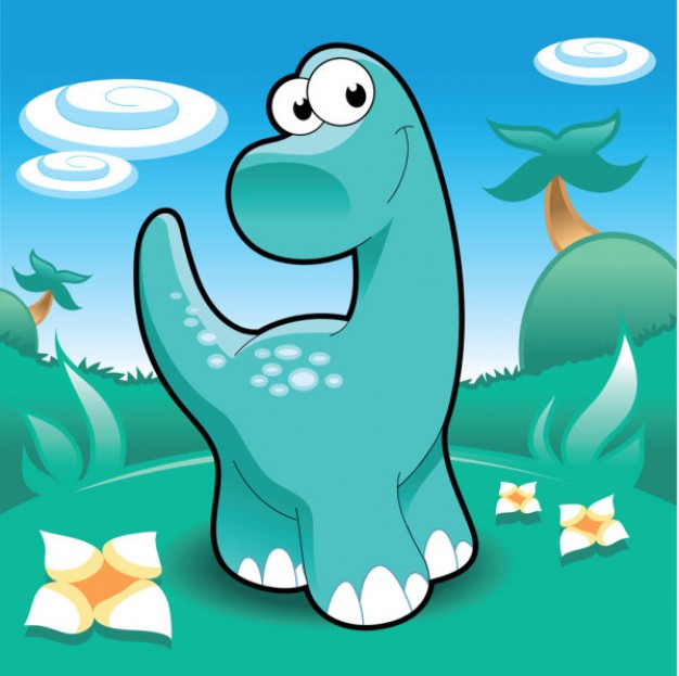 green dinosaur cartoon with grass and palms background