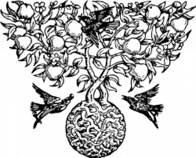 intertwining trees with couple of bird of medieval style