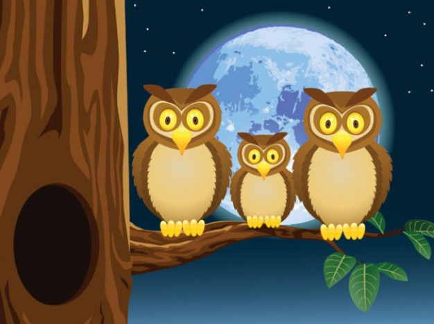 owls family on a branch with the moon at background