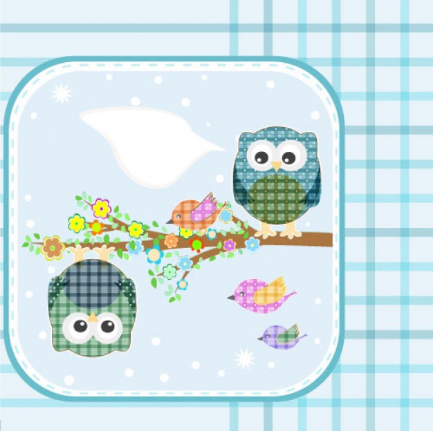owls on a branch in square frame pattern