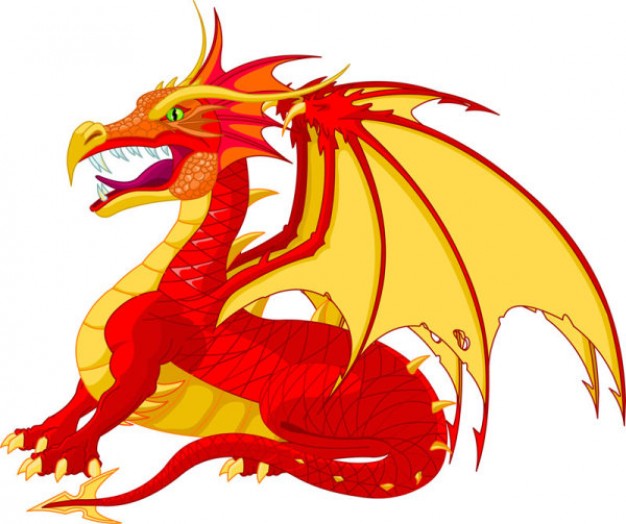 powerful red cartoon dragon in side view