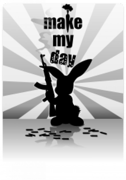 rabbit with gun over sunburst background