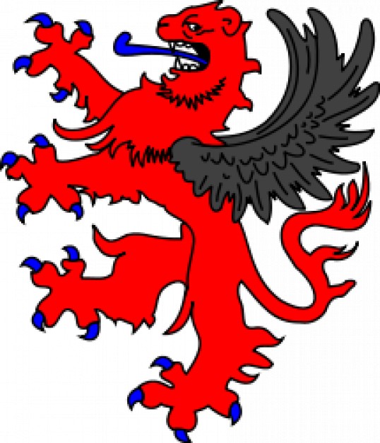 red sabre-rattling lion with black wings