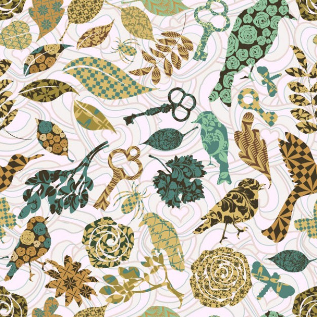 scrapbook pattern with bird and keys in greens and browns