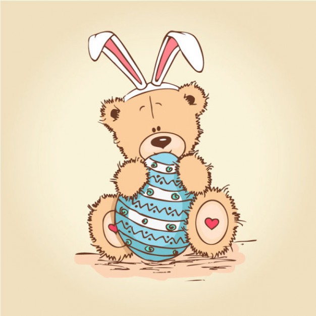 teddy bear with bunny ears sitting and hugging an egg for easter design