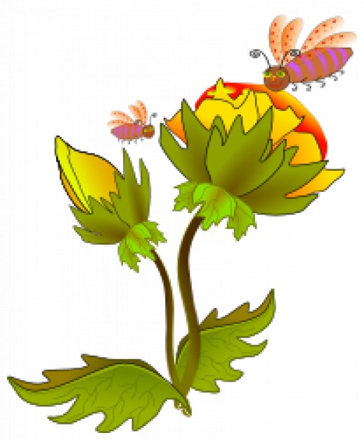 two bee cartoons flying on two flowers