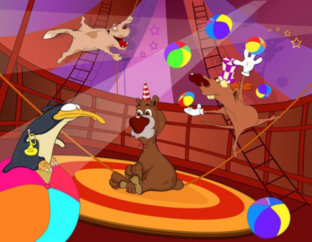 ugly cute animals playing in circus stage