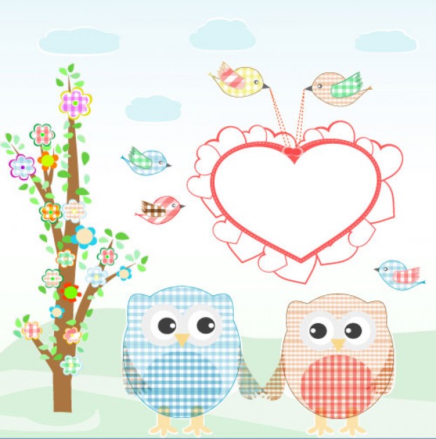 valentine owls in scrapbooked card with flower tree