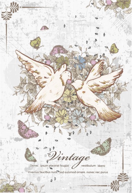 vintage cover with doves above a flowers surrounded by butterflies