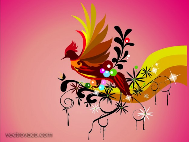 wallpaper with Phoenix and flowers over pink background