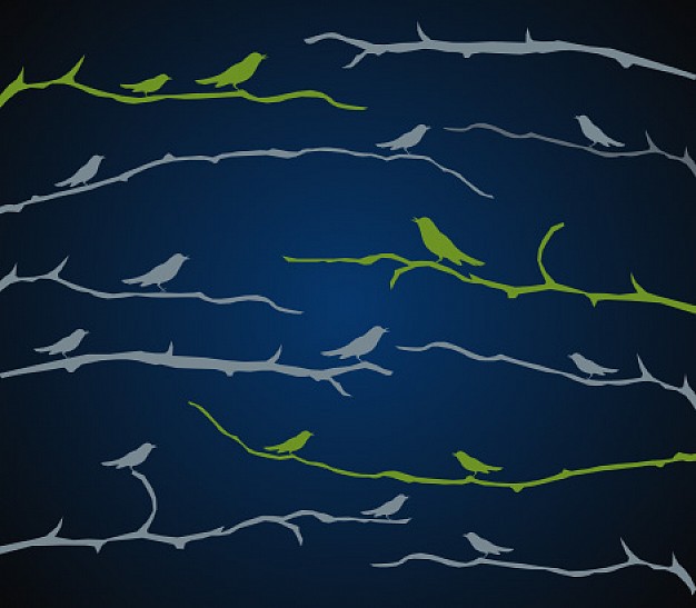 branches with birds on them over blue background