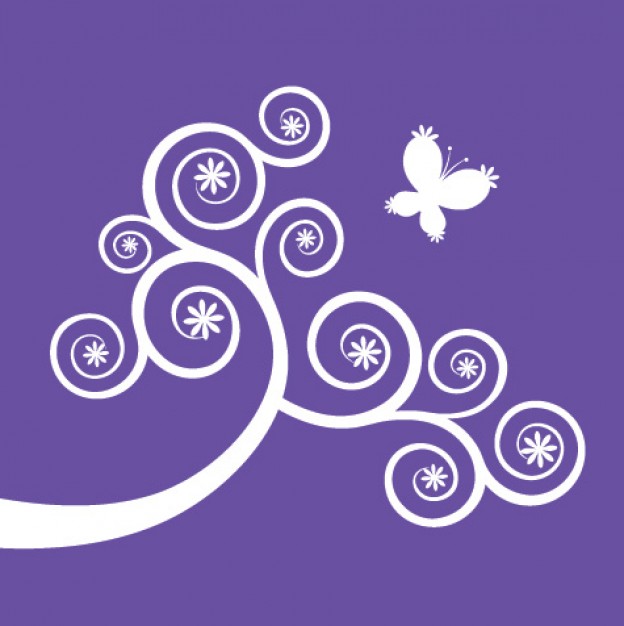 butterfly and swirl illustration over violet background