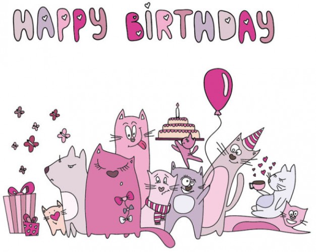 cartoon birthday cards with cats and balloon gift box