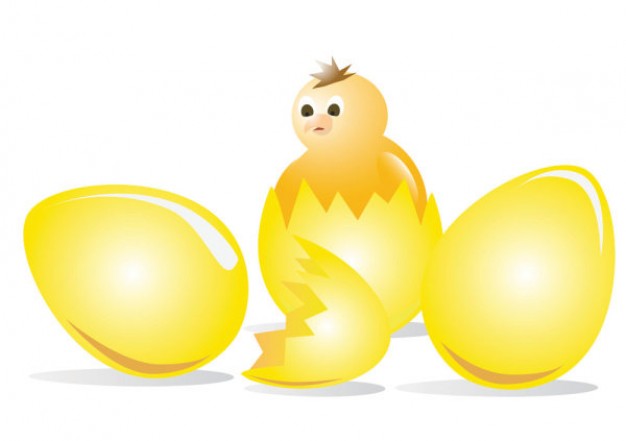 cartoon egg and chicks breaking yellow egg shell