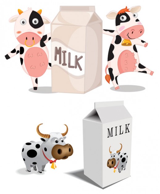 cartoon scene that cow taking milk cartons together